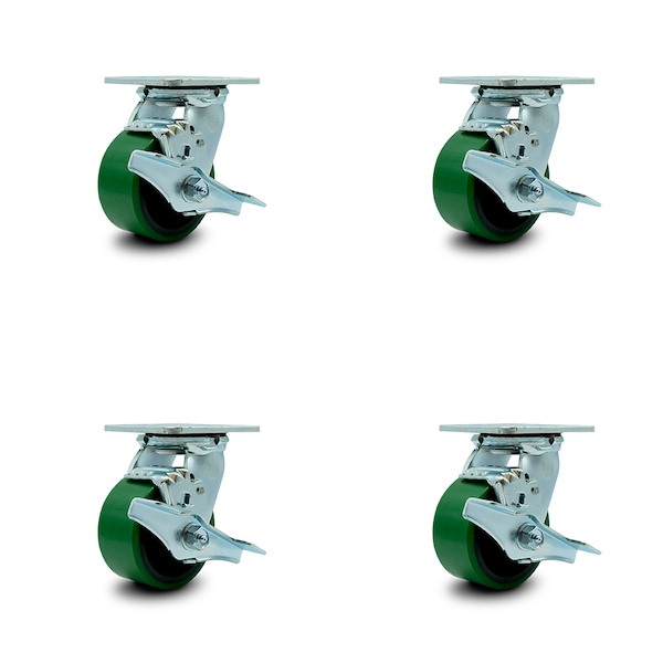 4 Inch Green Poly on Steel Caster Set with Ball Bearings and Brake/Swivel Lock